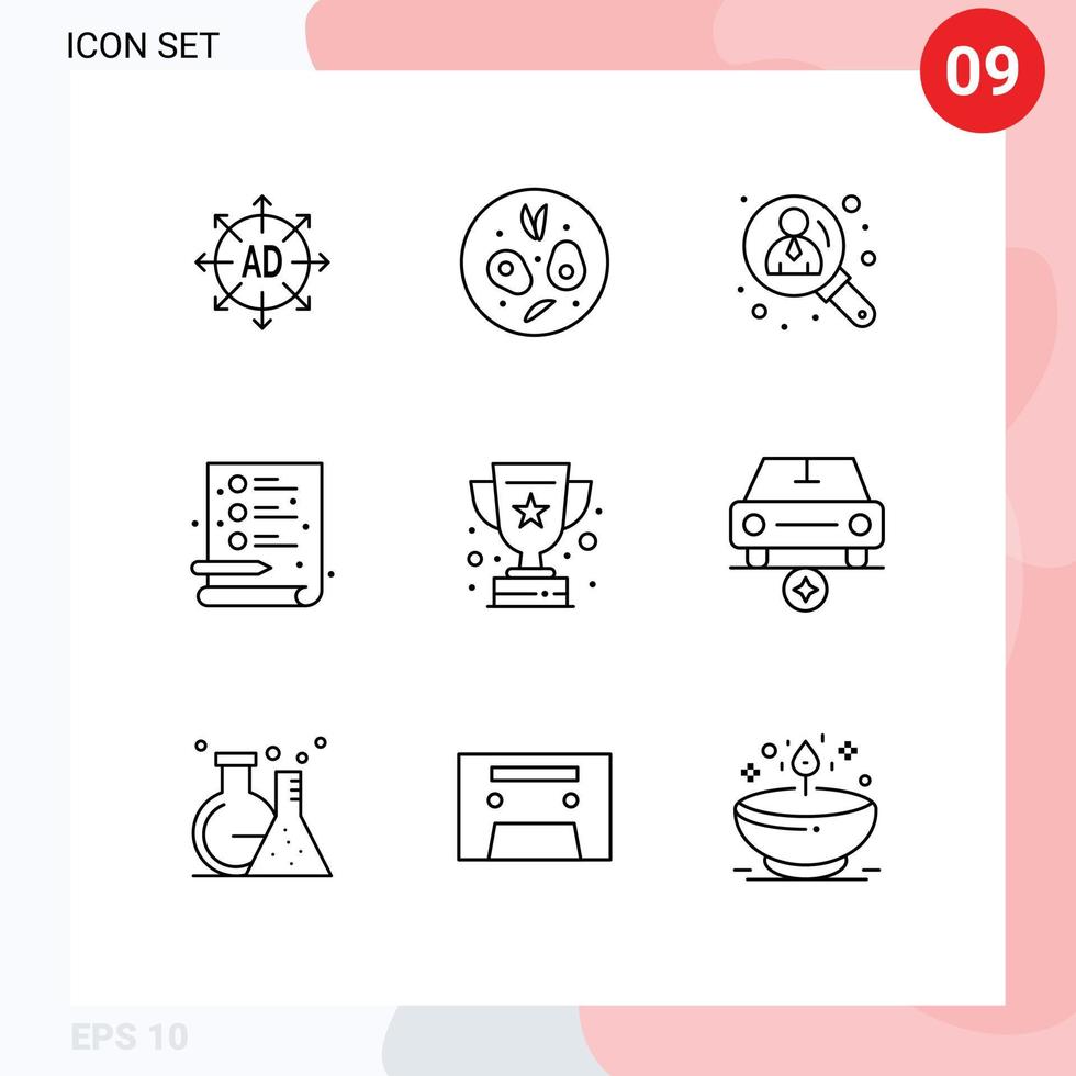 Group of 9 Modern Outlines Set for success prize management award process Editable Vector Design Elements