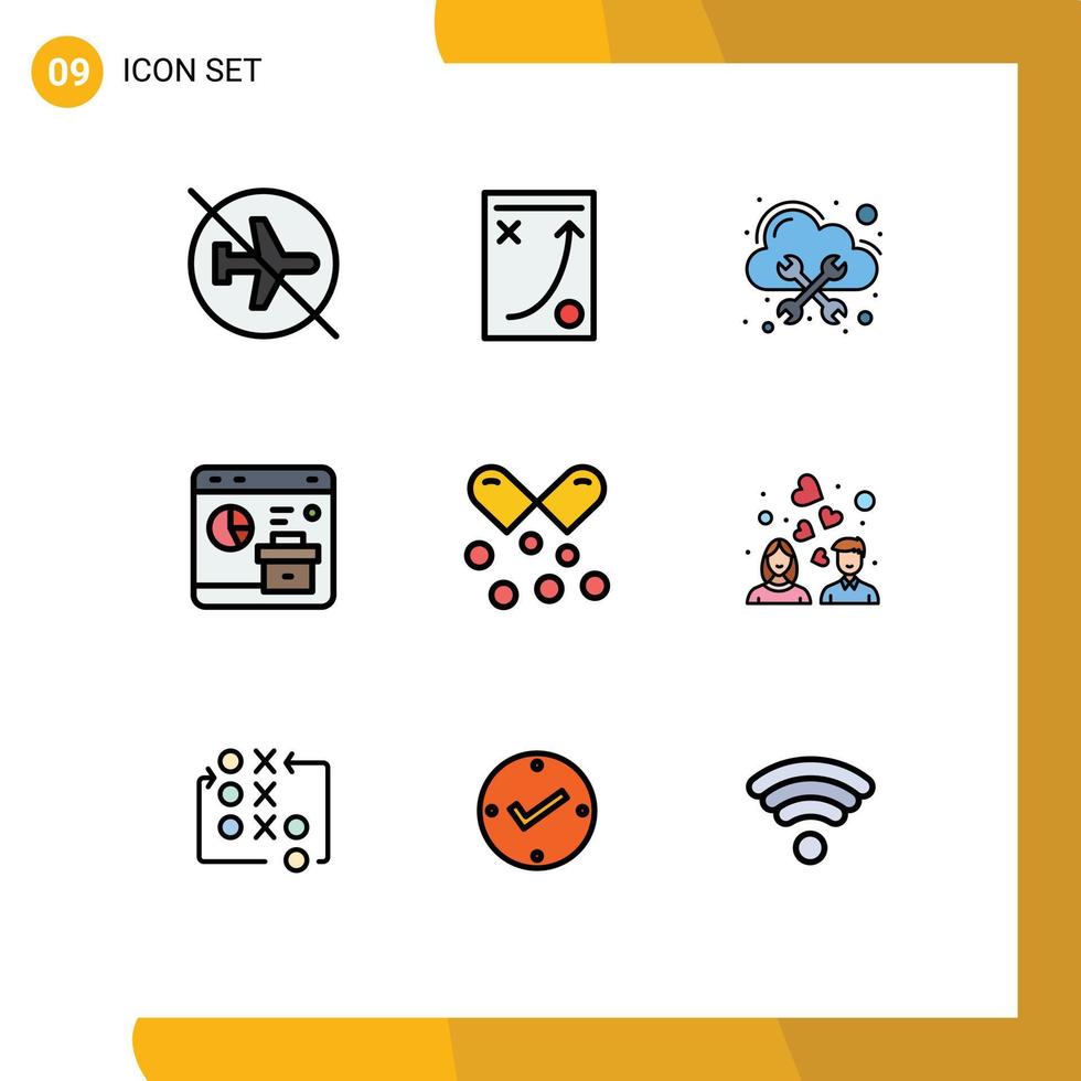 Group of 9 Modern Filledline Flat Colors Set for report business strategy browser management Editable Vector Design Elements