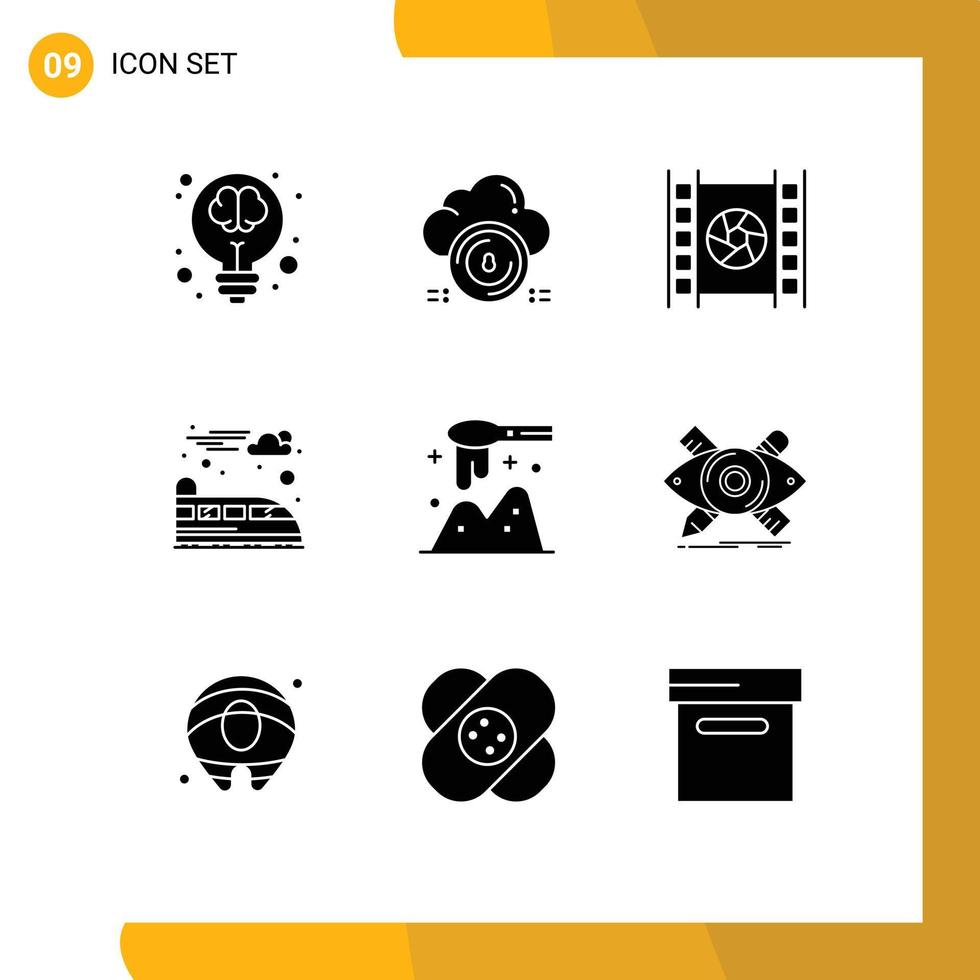 Set of 9 Commercial Solid Glyphs pack for ladle suburban cloud electric movie Editable Vector Design Elements