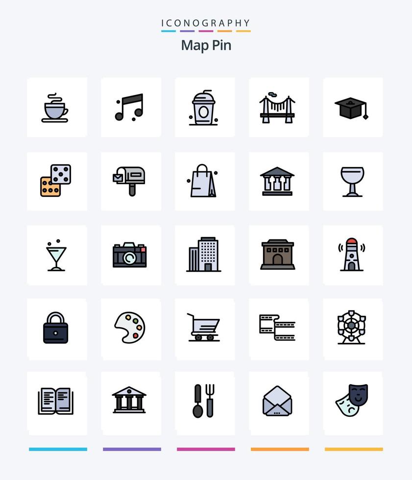 Creative Map Pin 25 Line FIlled icon pack  Such As dice. graduation. paris. education. road vector