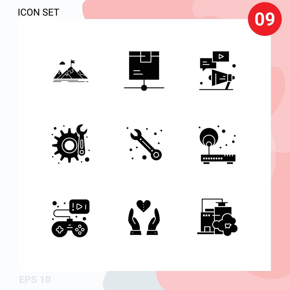 9 Thematic Vector Solid Glyphs and Editable Symbols of gear chat logistic youtube megaphone Editable Vector Design Elements