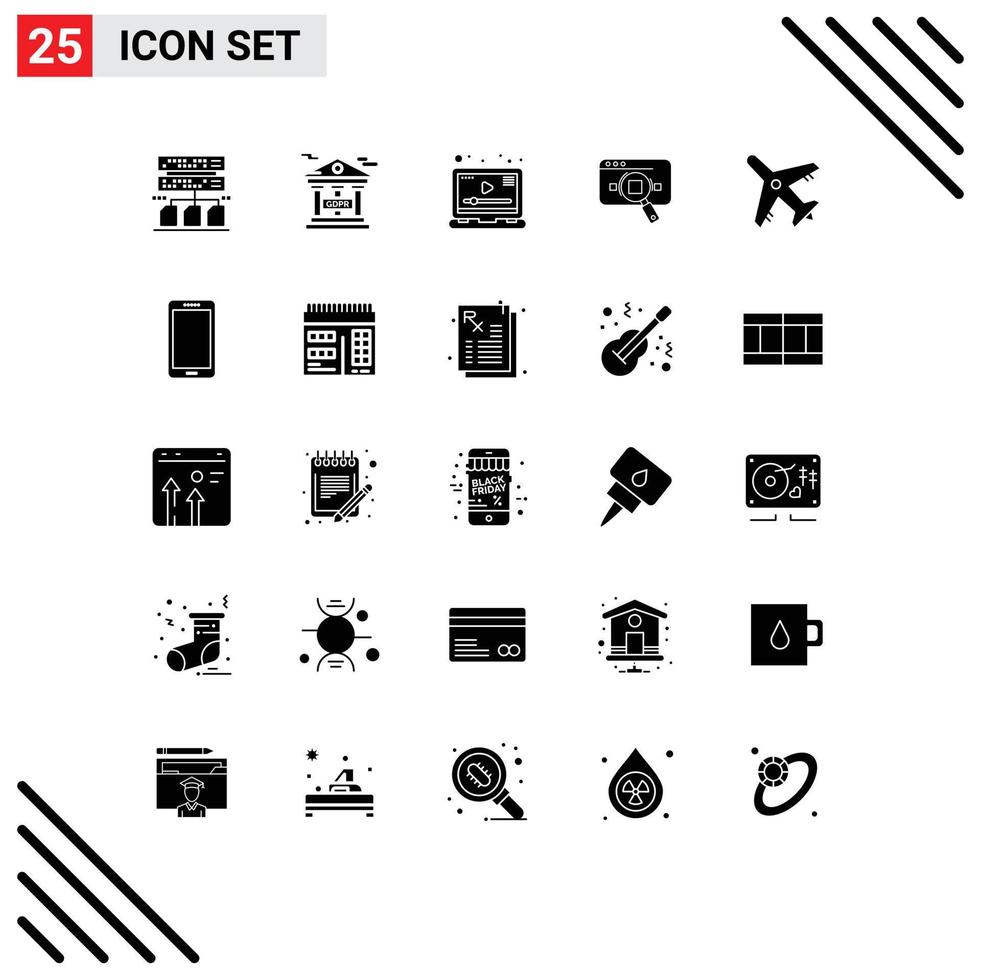 Pack of 25 creative Solid Glyphs of web information player data analytic Editable Vector Design Elements