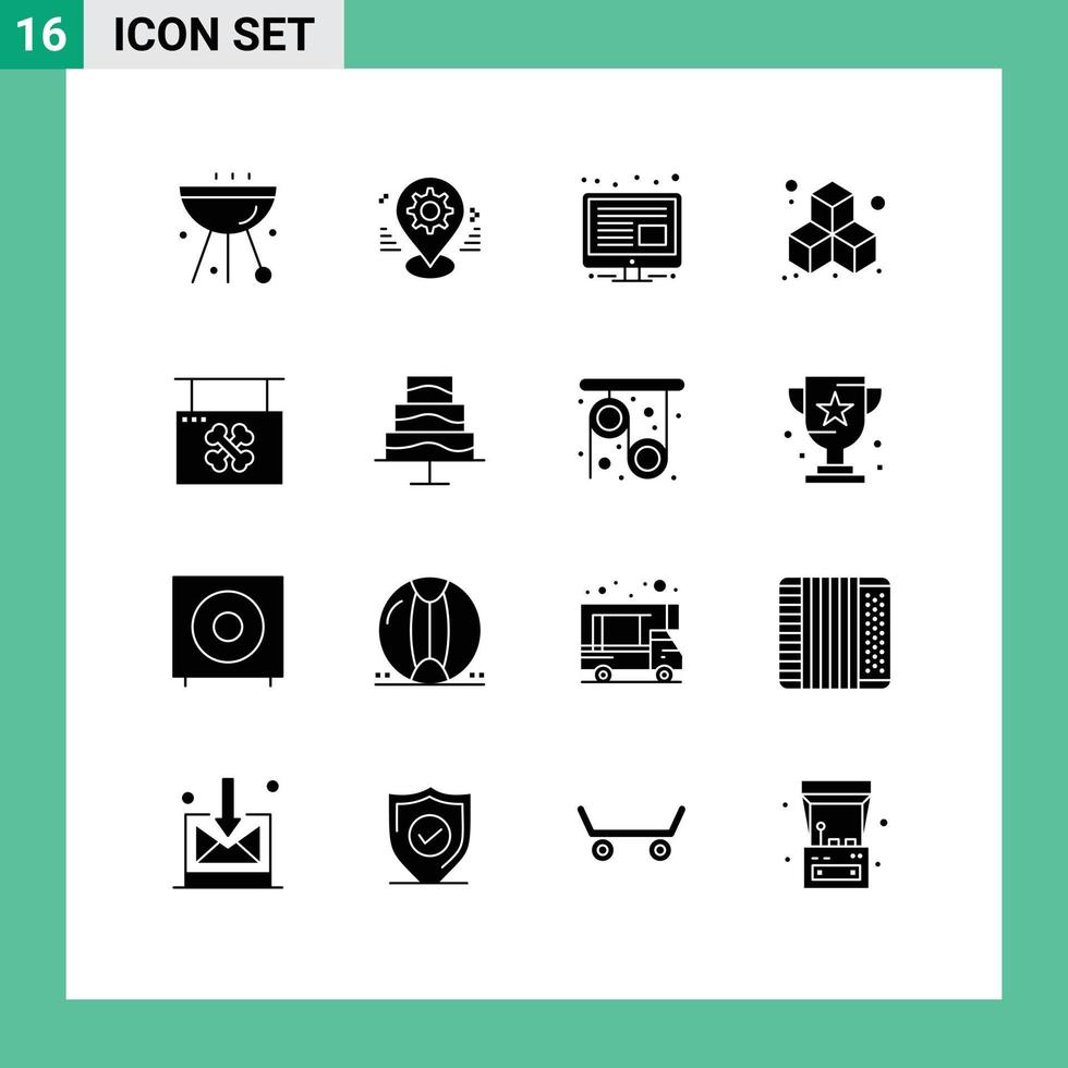 Set of 16 Commercial Solid Glyphs pack for hanging board pin cube screen Editable Vector Design Elements