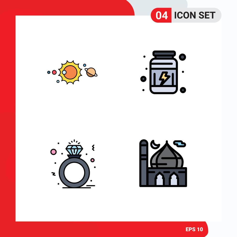 Set of 4 Commercial Filledline Flat Colors pack for solar diamond solar system proteins ring Editable Vector Design Elements