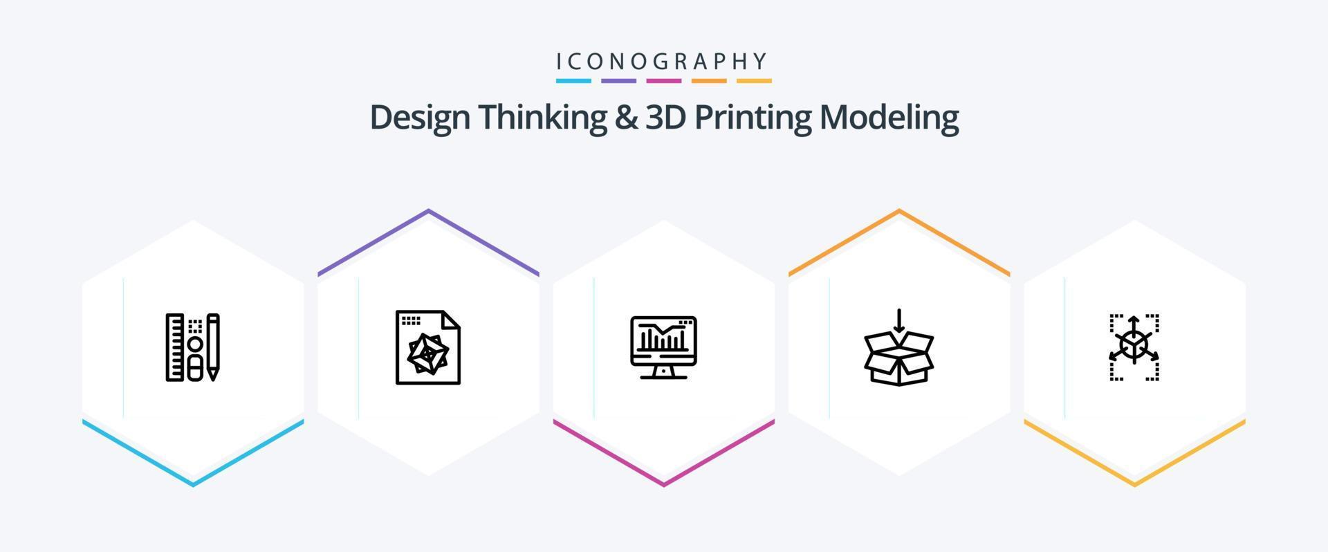 Design Thinking And D Printing Modeling 25 Line icon pack including database. prototype. static. education. arrow vector