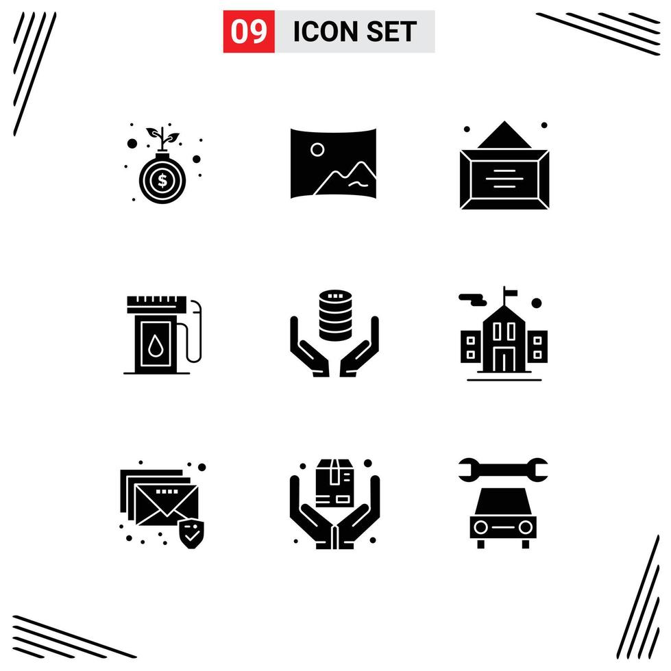 Modern Set of 9 Solid Glyphs Pictograph of hand drop business oil gasoline Editable Vector Design Elements