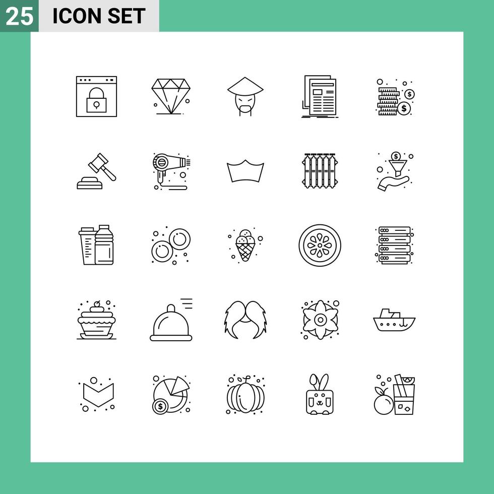 User Interface Pack of 25 Basic Lines of cash newsletter emperor news gazette Editable Vector Design Elements