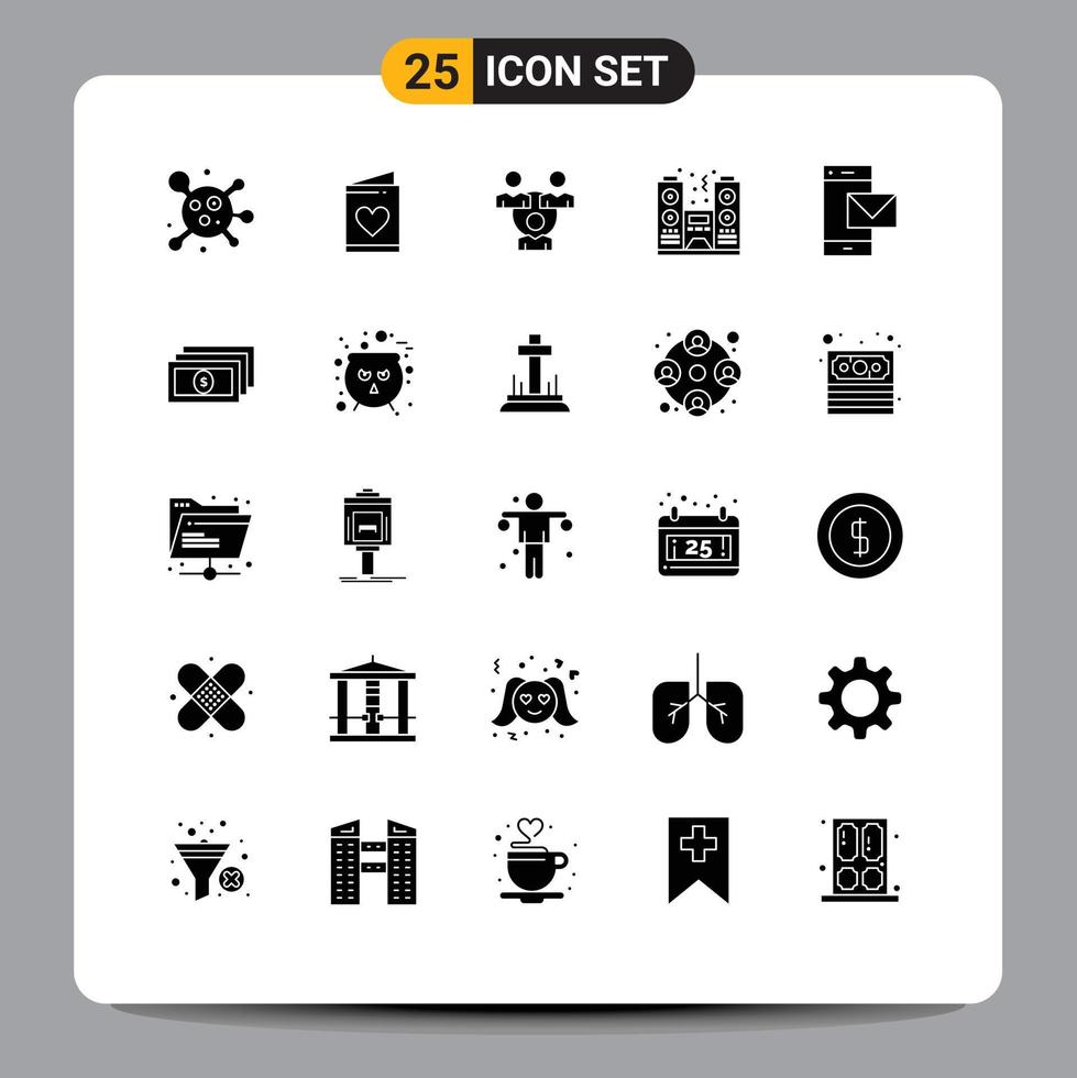 Group of 25 Solid Glyphs Signs and Symbols for mobile contact meeting spectator night Editable Vector Design Elements