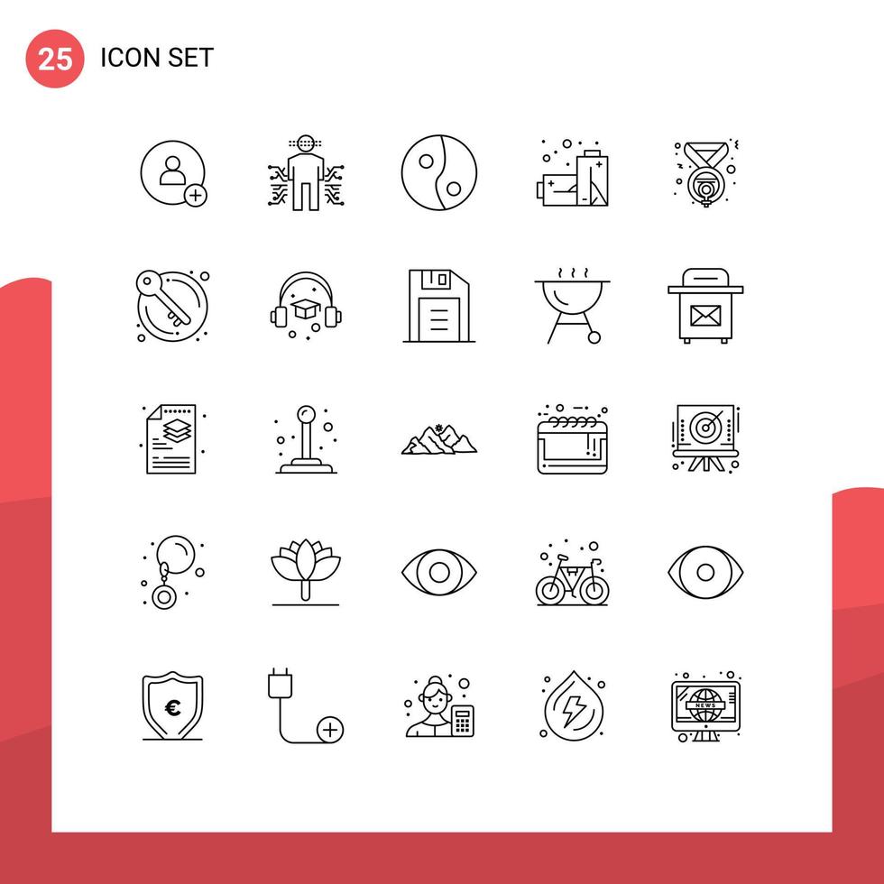 Mobile Interface Line Set of 25 Pictograms of door winner yang medal pollution Editable Vector Design Elements