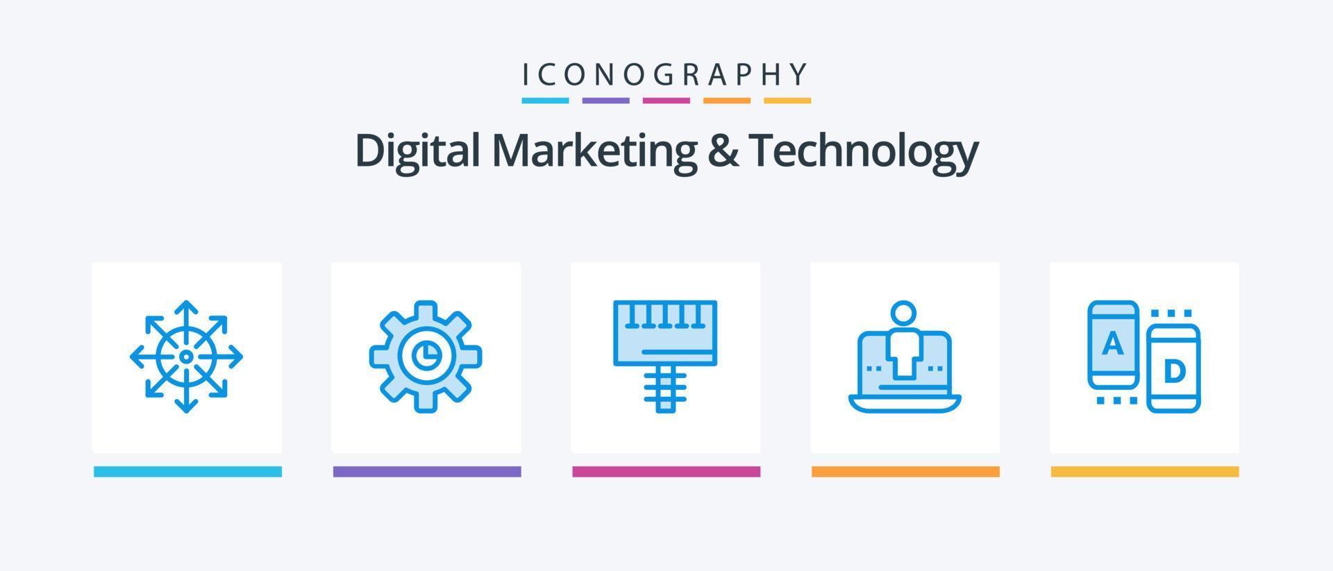 Digital Marketing And Technology Blue 5 Icon Pack Including marketing. laptop. setting. digital. signboard. Creative Icons Design vector
