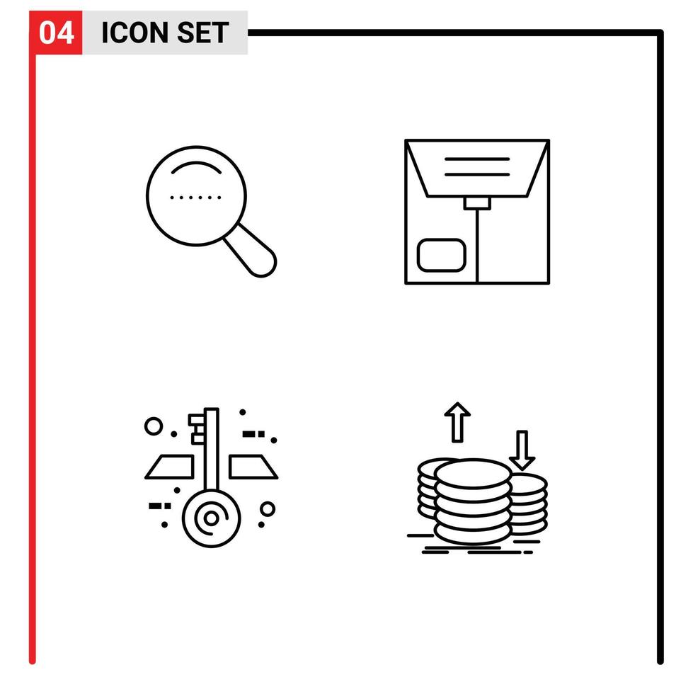 4 4 línea concepto para sitios web móvil y aplicaciones lupa monedas comercio arquitectura capital editable vector diseño elementos