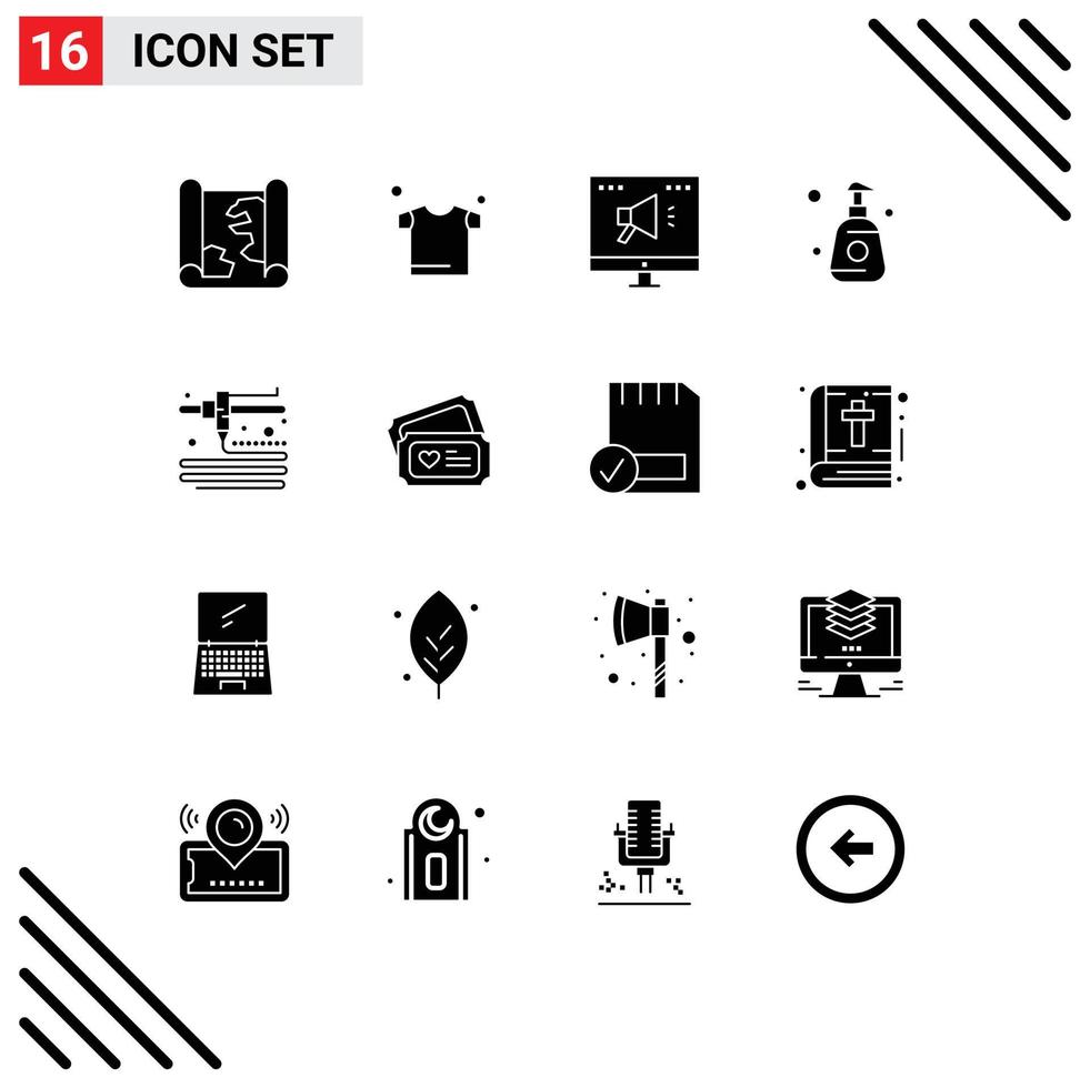 16 Universal Solid Glyphs Set for Web and Mobile Applications tecket modeling advertising sprayer shower bottle Editable Vector Design Elements