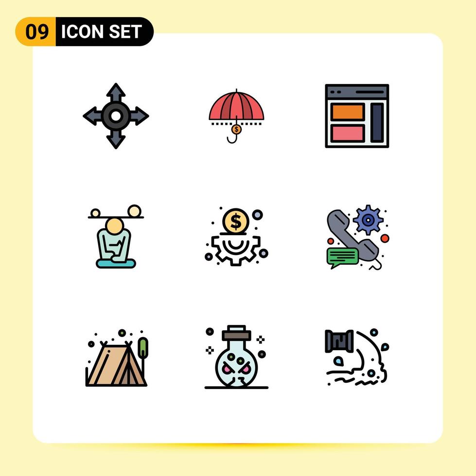 9 Universal Filledline Flat Color Signs Symbols of mind concentration support balance sidebar Editable Vector Design Elements