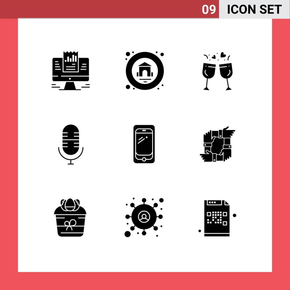 Universal Icon Symbols Group of 9 Modern Solid Glyphs of mobile phone glass microphone live Editable Vector Design Elements