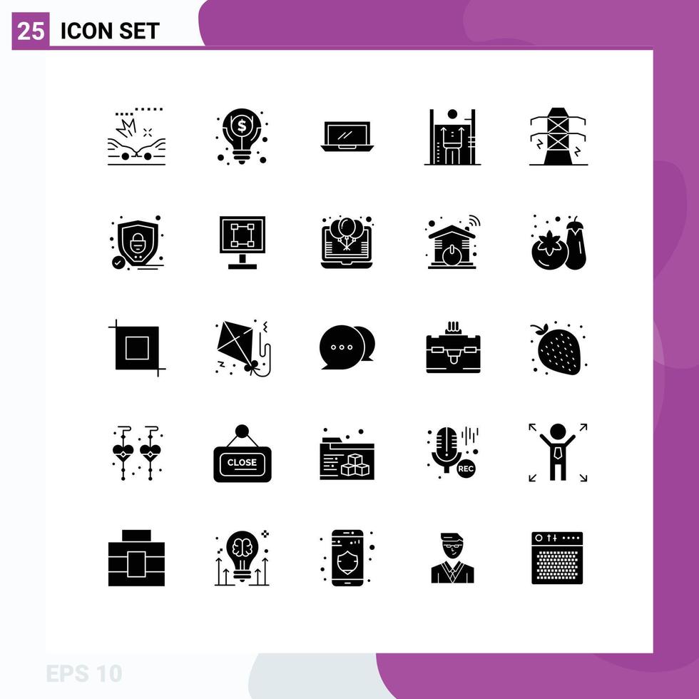 Pack of 25 Modern Solid Glyphs Signs and Symbols for Web Print Media such as electricity improvement desktop human performance Editable Vector Design Elements