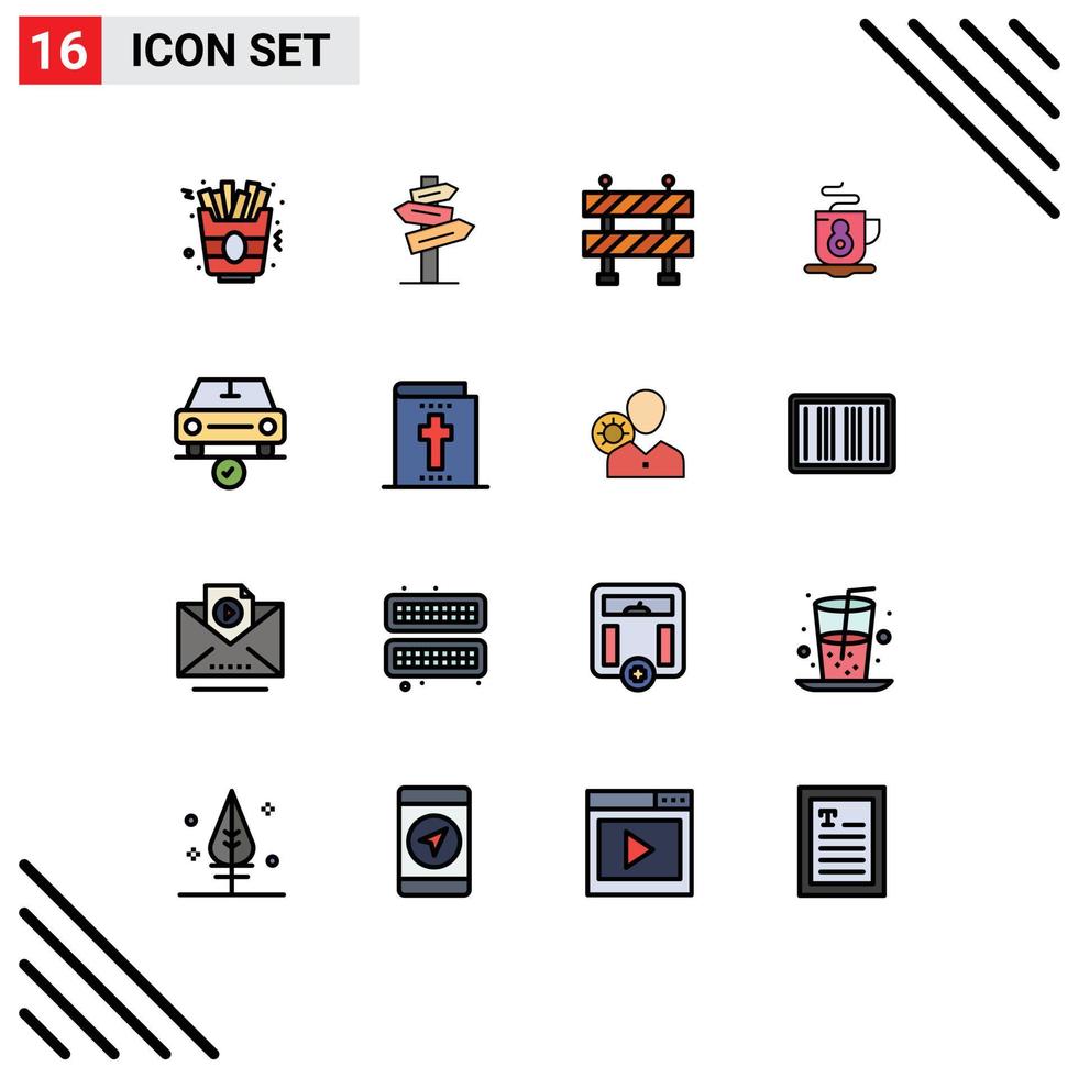 Modern Set of 16 Flat Color Filled Lines Pictograph of bible done road complete car Editable Creative Vector Design Elements