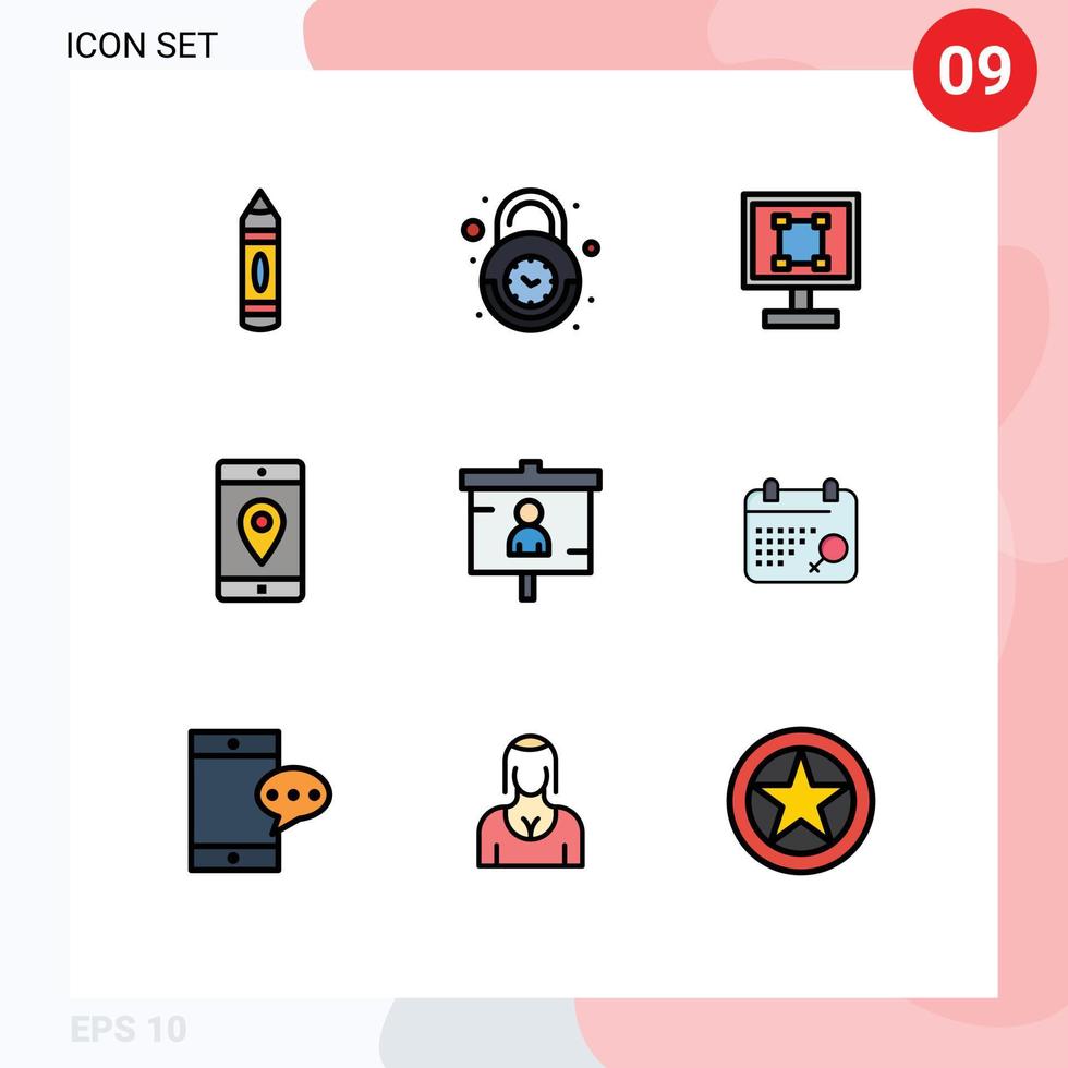 9 Universal Filledline Flat Color Signs Symbols of location mobile security application program Editable Vector Design Elements