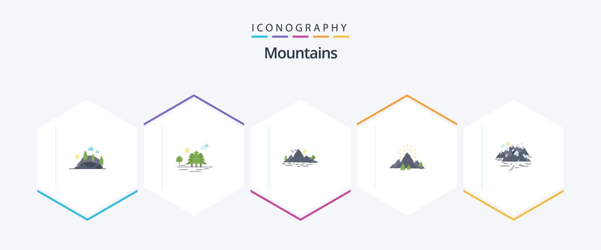 montañas 25 plano icono paquete incluso colina. montaña. colina. paisaje. naturaleza vector