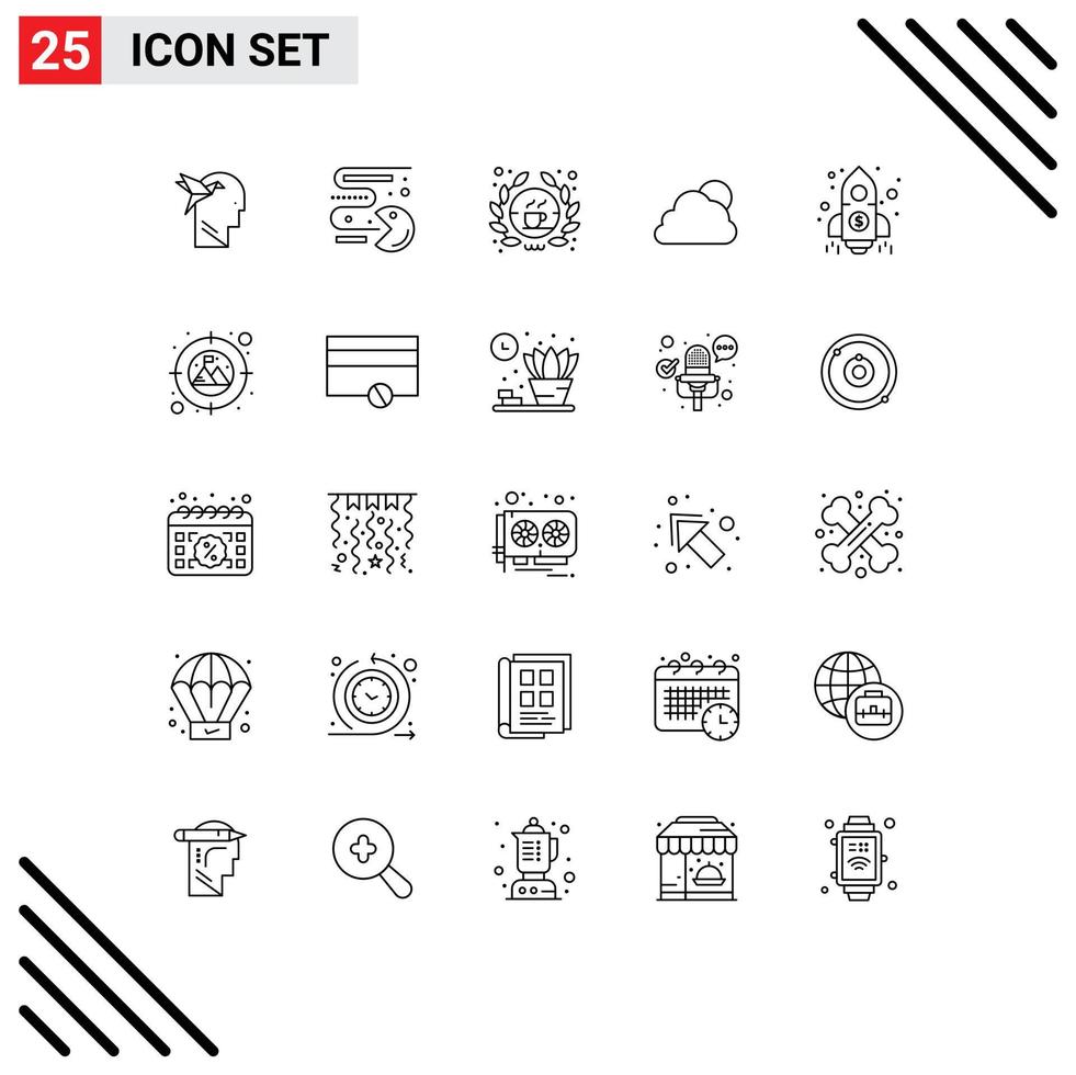 25 Thematic Vector Lines and Editable Symbols of launch cloudy barista sun sky Editable Vector Design Elements