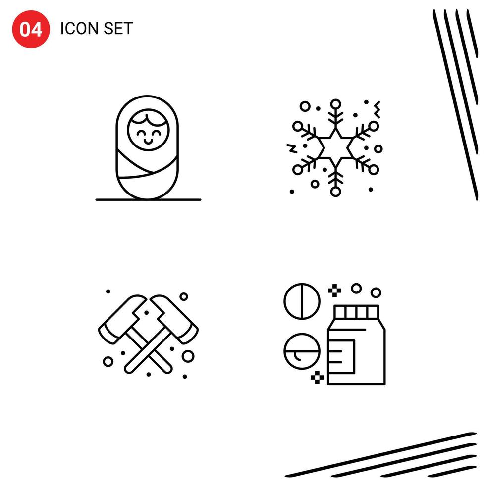 conjunto de 4 4 comercial línea de relleno plano colores paquete para bebé cuidado de la salud nieve fuego bienestar editable vector diseño elementos