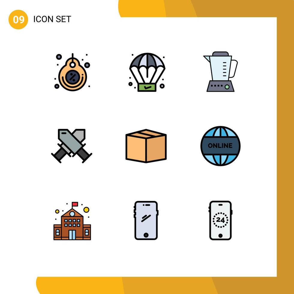 Editable Vector Line Pack of 9 Simple Filledline Flat Colors of cargo wreath blender badge achievement Editable Vector Design Elements