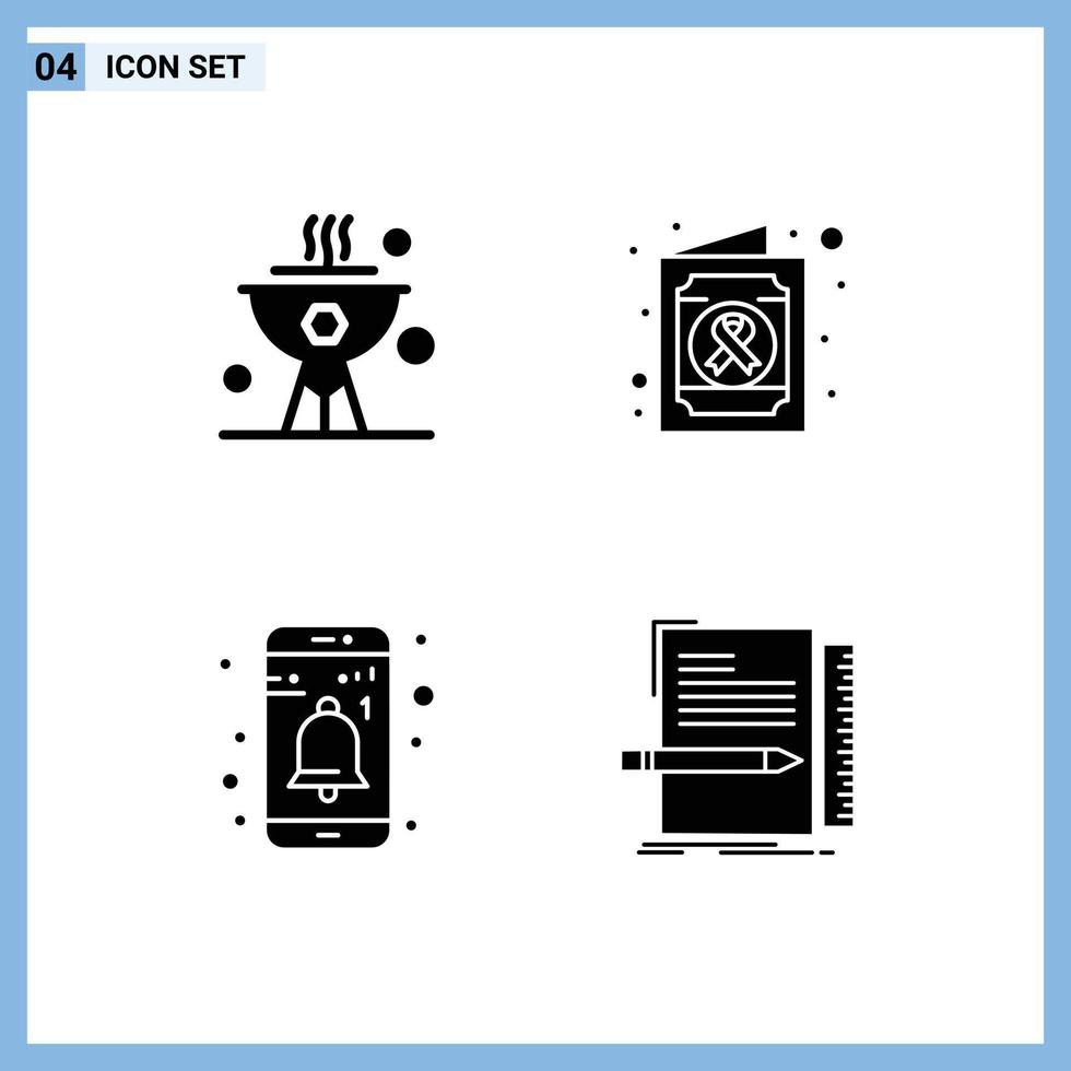 4 User Interface Solid Glyph Pack of modern Signs and Symbols of bbq notification dinner medical report code Editable Vector Design Elements