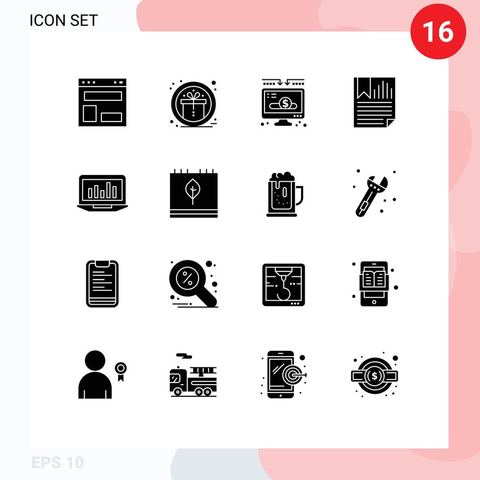 User Interface Pack of 16 Basic Solid Glyphs of report page reward data donate Editable Vector Design Elements