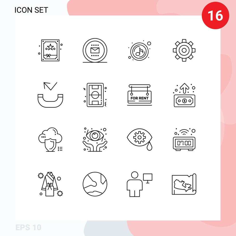 16 User Interface Outline Pack of modern Signs and Symbols of call setting music job basic Editable Vector Design Elements