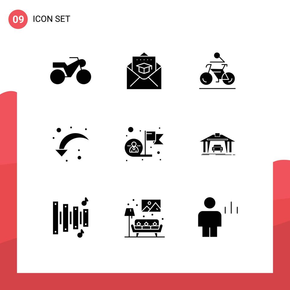 Solid Glyph Pack of 9 Universal Symbols of goal achievement bike down left reload Editable Vector Design Elements
