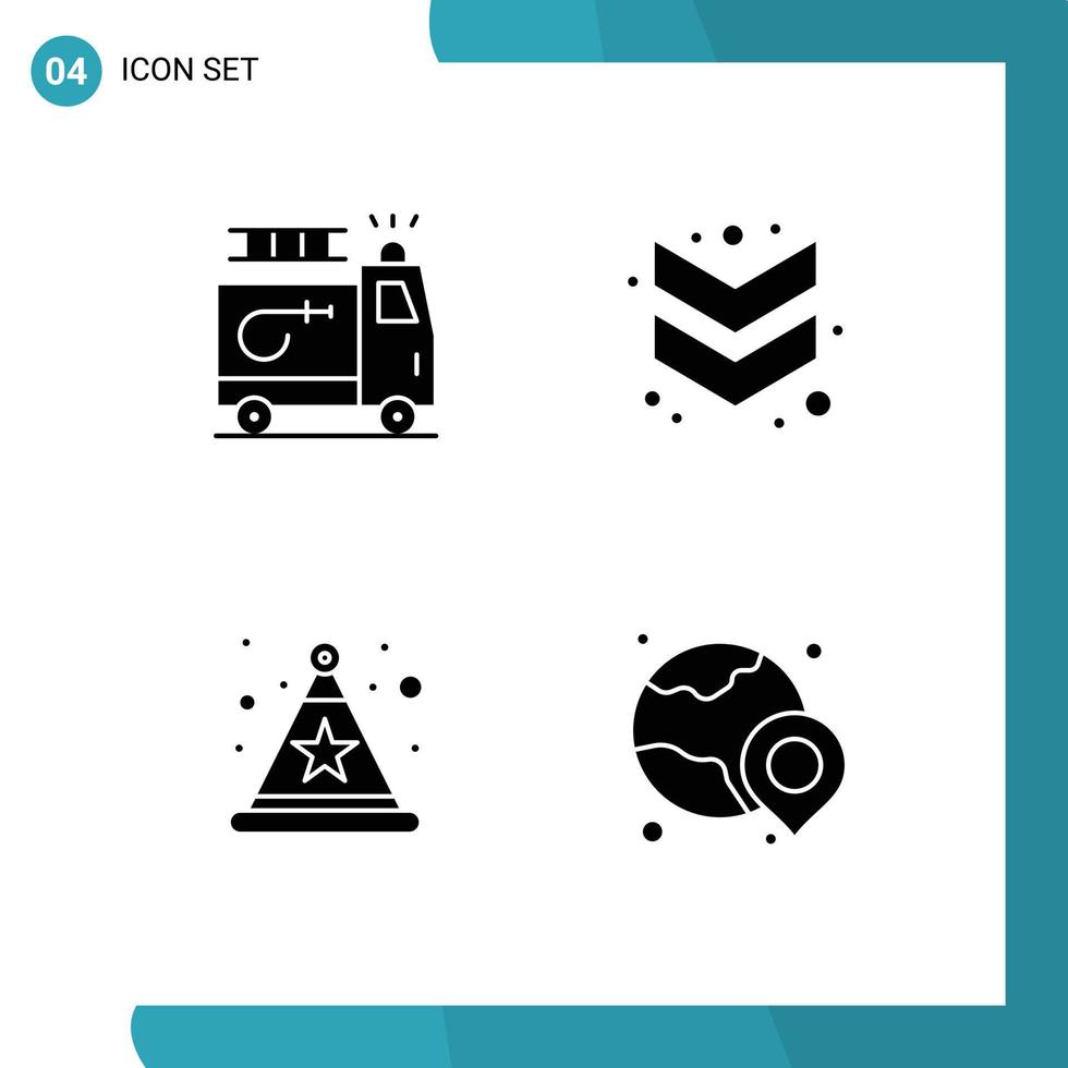 Modern Set of 4 Solid Glyphs Pictograph of firefighter star accident down globe Editable Vector Design Elements