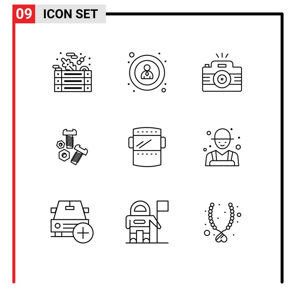 User Interface Pack of 9 Basic Outlines of mask tools photography screw bolt Editable Vector Design Elements