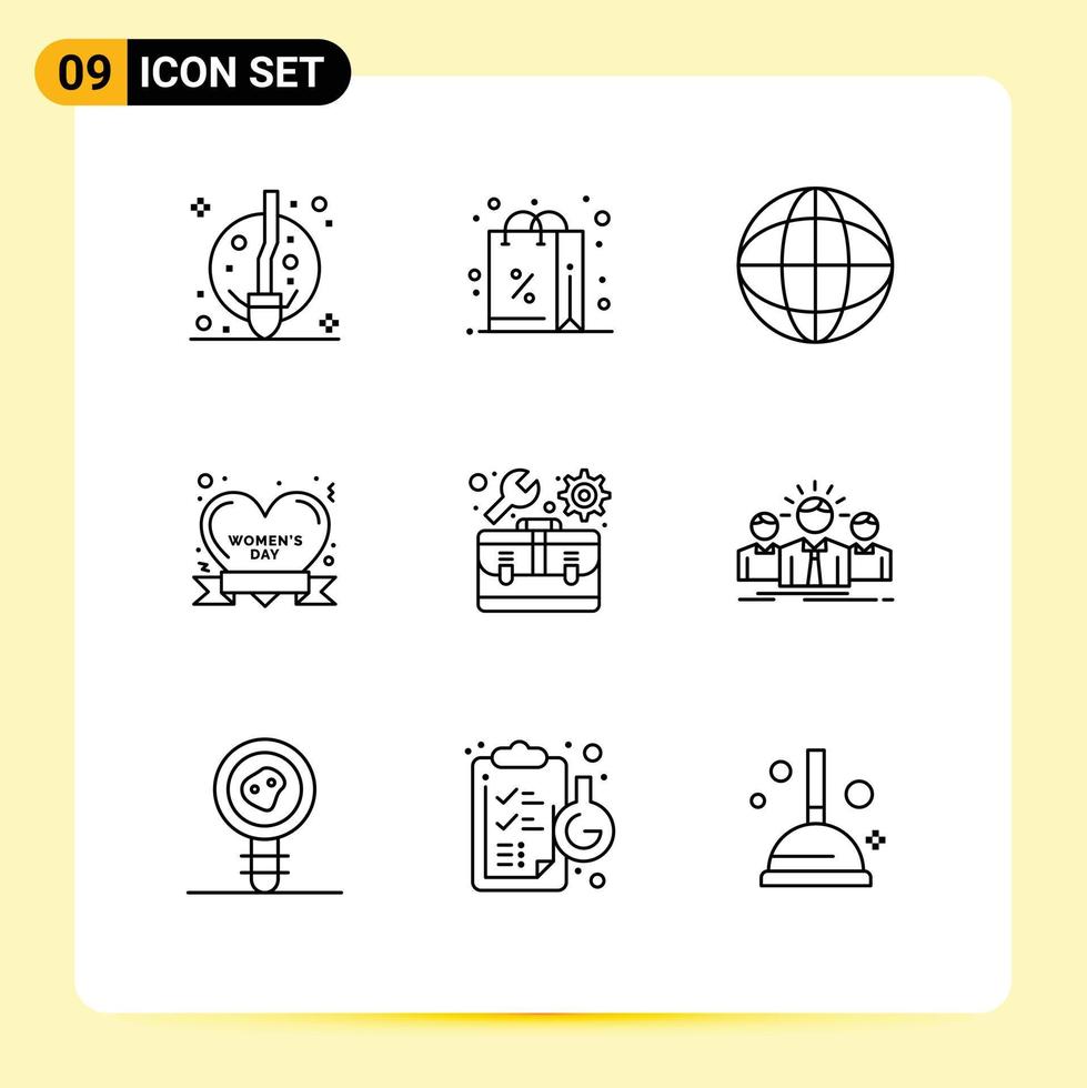 Editable Vector Line Pack of 9 Simple Outlines of toolbox kit business women day day Editable Vector Design Elements