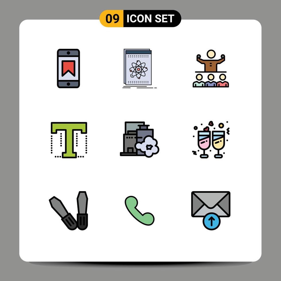 Filledline Flat Color Pack of 9 Universal Symbols of factory tool encourage text team Editable Vector Design Elements