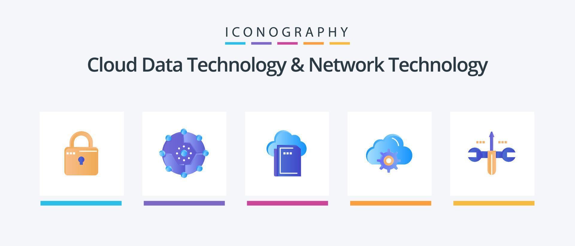 Cloud Data Technology And Network Technology Flat 5 Icon Pack Including cloud. gear . share. setting. computing. Creative Icons Design vector