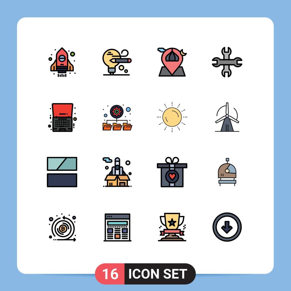 Pack of 16 Modern Flat Color Filled Lines Signs and Symbols for Web Print Media such as notebook discount moon friday tool Editable Creative Vector Design Elements