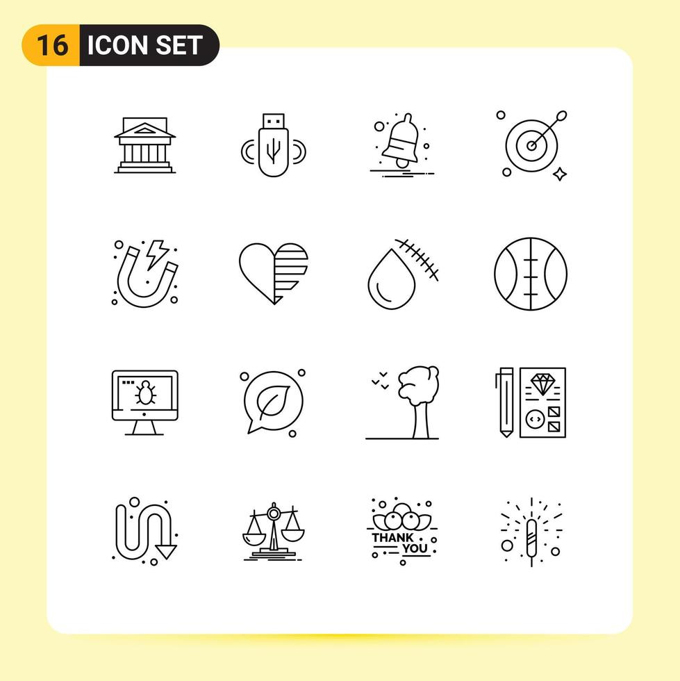 Group of 16 Outlines Signs and Symbols for aim alert usb notify bell Editable Vector Design Elements