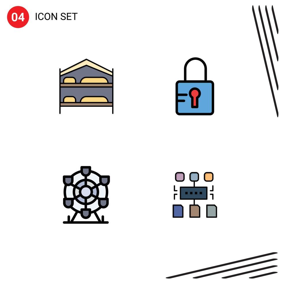 Set of 4 Vector Filledline Flat Colors on Grid for bed wheel hotel school algorithm Editable Vector Design Elements