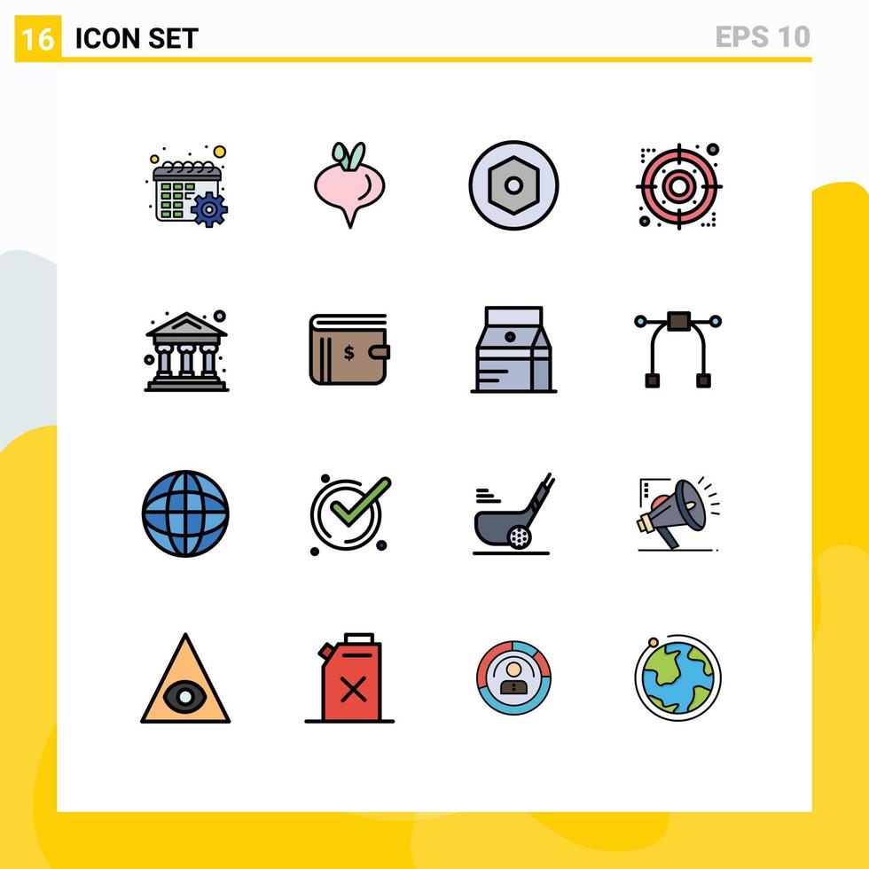 16 User Interface Flat Color Filled Line Pack of modern Signs and Symbols of wallet bank nut school target Editable Creative Vector Design Elements