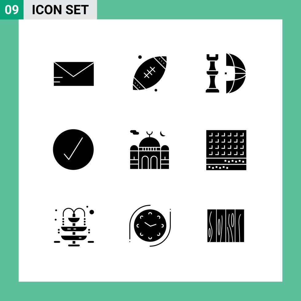 User Interface Pack of 9 Basic Solid Glyphs of masjid ok global complete check Editable Vector Design Elements