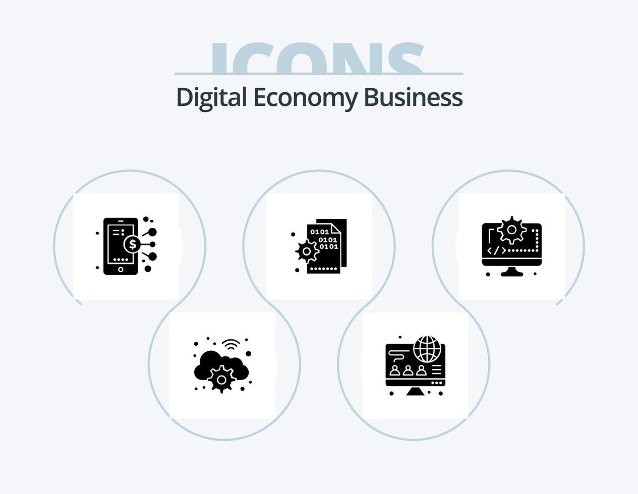 Digital Economy Business Glyph Icon Pack 5 Icon Design. coding. setting. business. page. codding vector