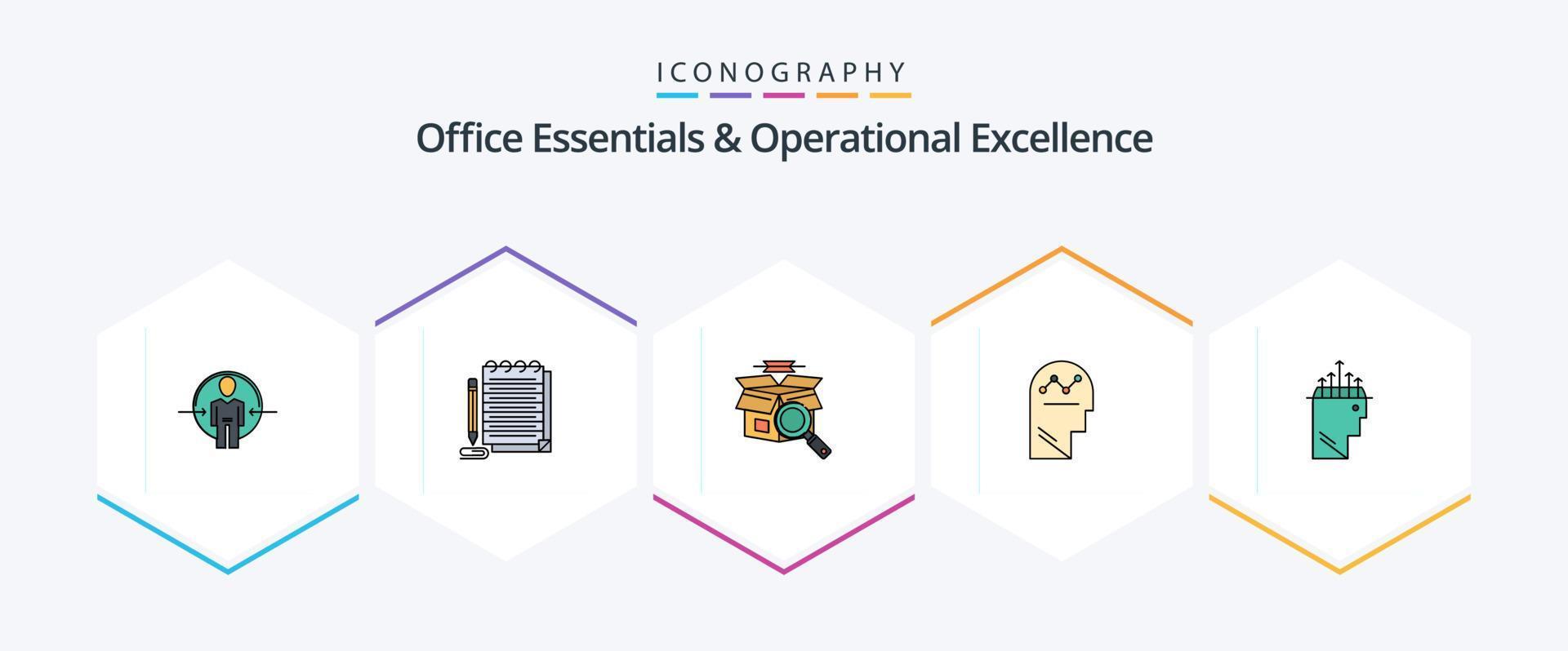 Office Essentials And Operational Exellence 25 FilledLine icon pack including thinking. success. novel. process. e shopping vector