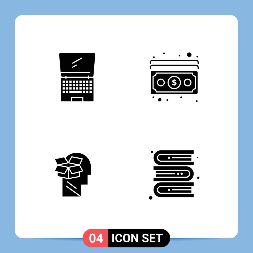 4 User Interface Solid Glyph Pack of modern Signs and Symbols of computer box laptop dollar data Editable Vector Design Elements