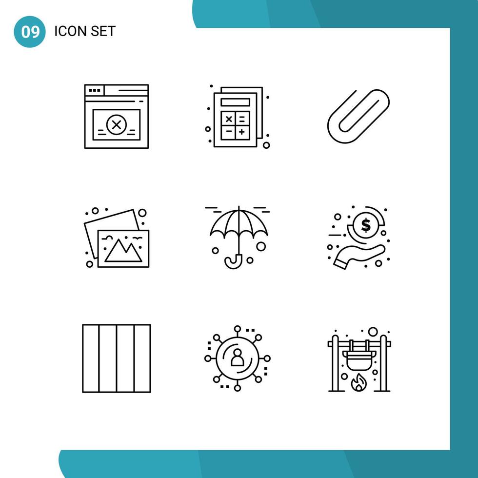 Editable Vector Line Pack of 9 Simple Outlines of protection images attachment travel camera Editable Vector Design Elements