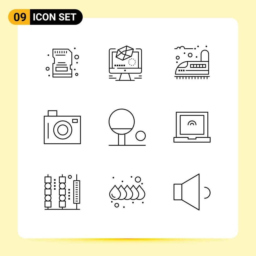 Mobile Interface Outline Set of 9 Pictograms of sport picture railroad picnic camera Editable Vector Design Elements