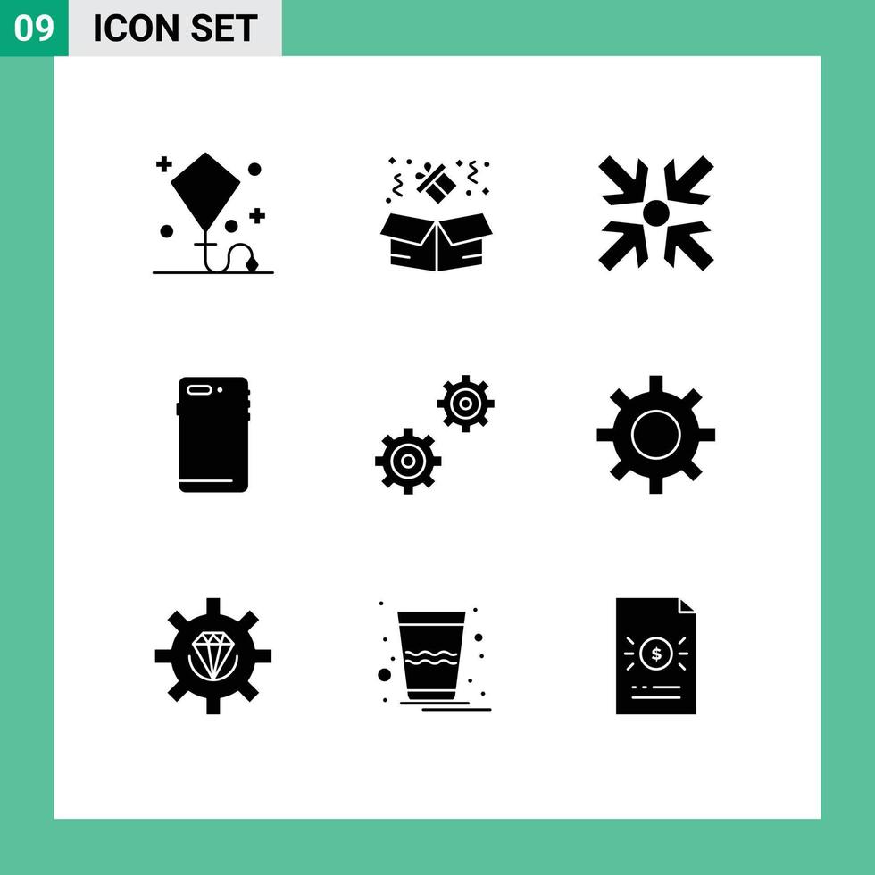 Pictogram Set of 9 Simple Solid Glyphs of gears camera arrows back smart phone Editable Vector Design Elements