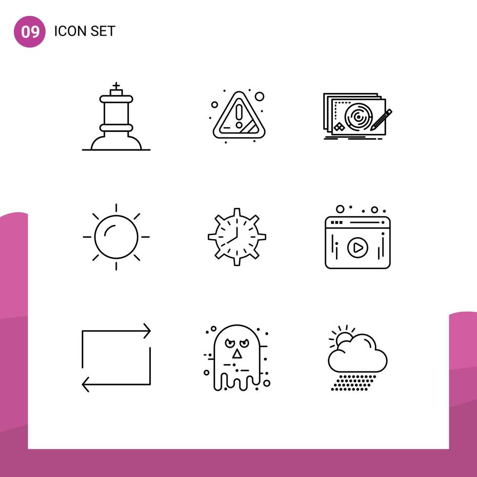 Pack of 9 Modern Outlines Signs and Symbols for Web Print Media such as time clock design sun beach Editable Vector Design Elements