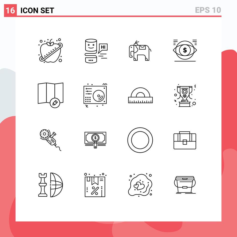 Universal Icon Symbols Group of 16 Modern Outlines of disc edit elephant vision money Editable Vector Design Elements