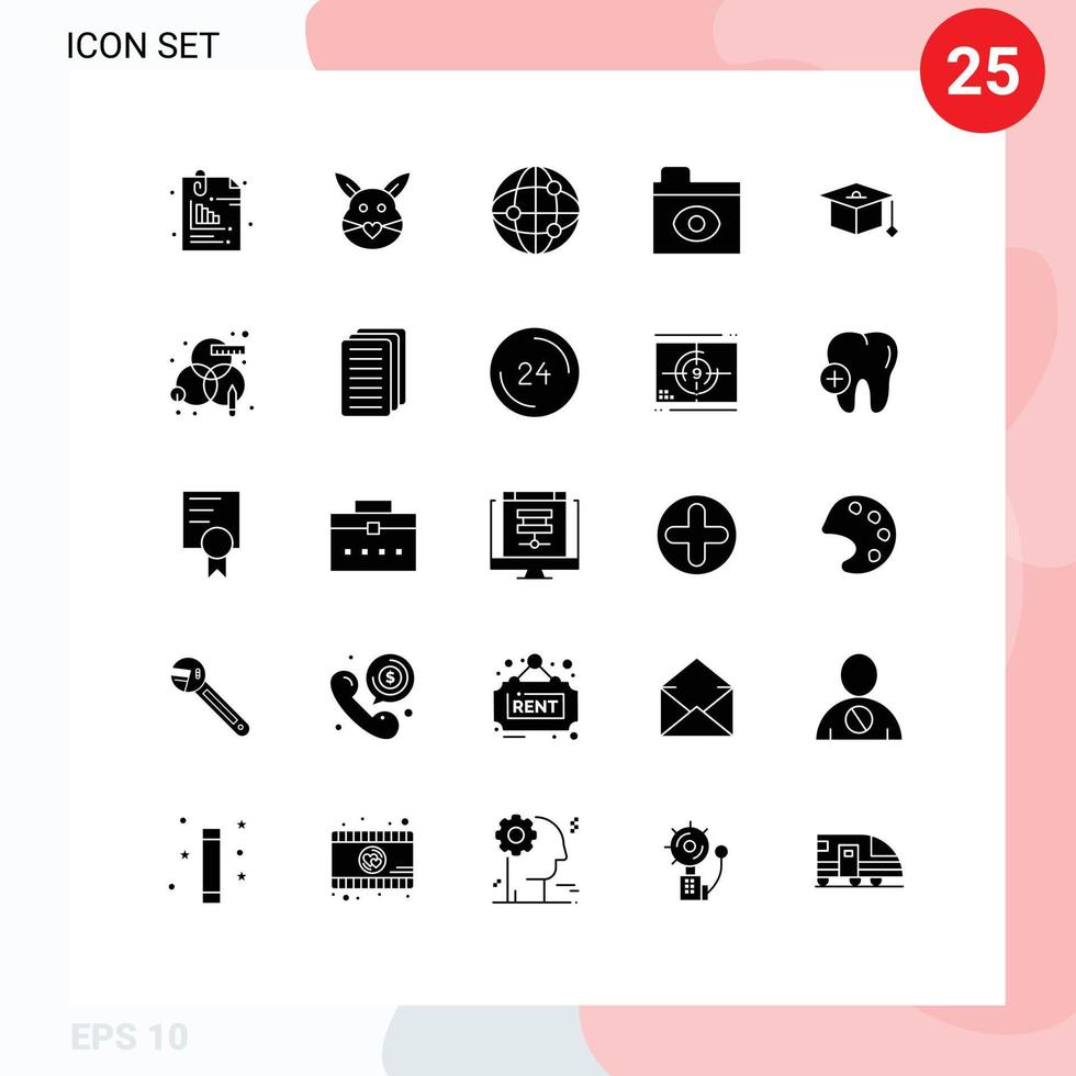 Modern Set of 25 Solid Glyphs Pictograph of education folder cute eye internet Editable Vector Design Elements