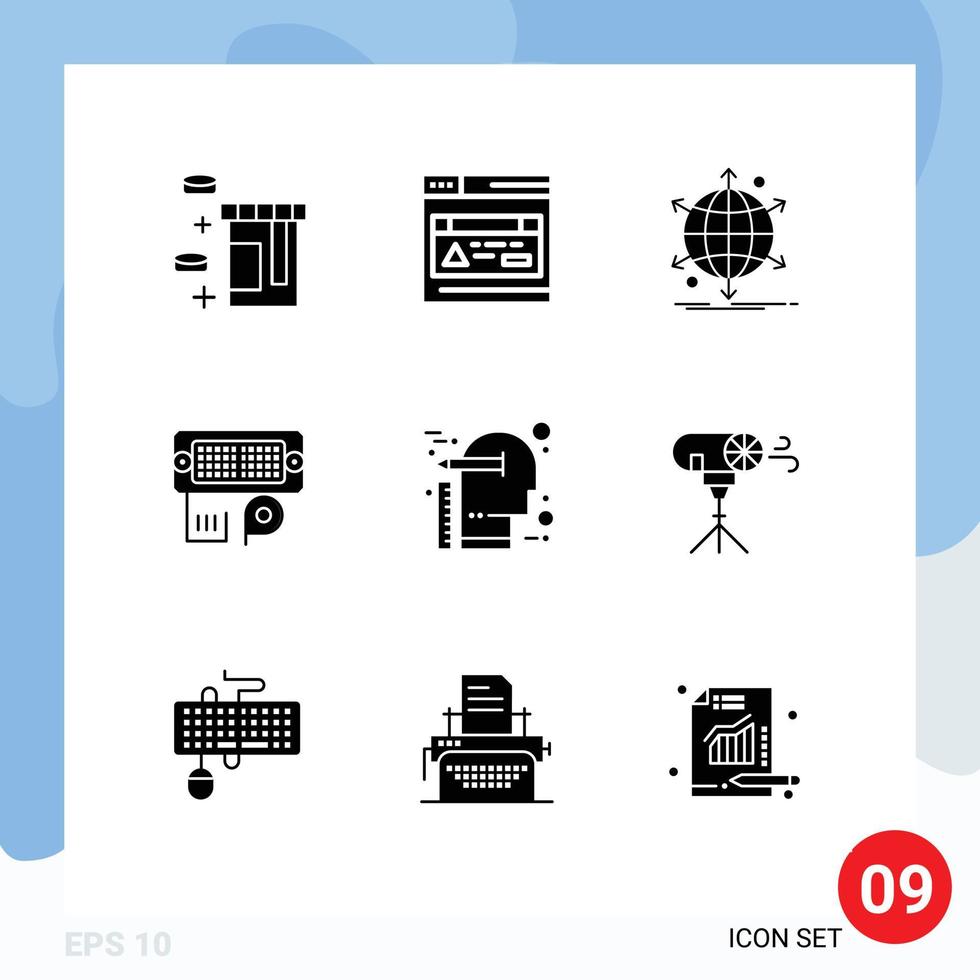 Modern Set of 9 Solid Glyphs Pictograph of thinking creative net input connection Editable Vector Design Elements