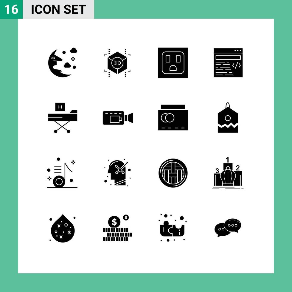 Set of 16 Vector Solid Glyphs on Grid for cam form socket fitness bed Editable Vector Design Elements